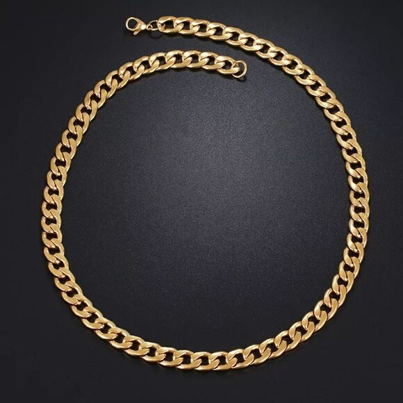Gold Flat Curb Chain Necklace 9mm thick 20 inches long - Picture 1 of 5
